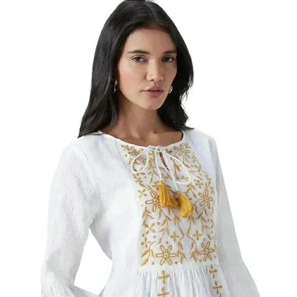 LOV Women's Off-White Cotton & Gold Floral-Embroidered Dress - Picture 3 of 15